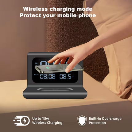 3-in-1 wireless charger, time and temperature display, bedroom desk alarm clock, iPhone 16 15 14 13 12 11 Pro Max/Mini/Plus/XR/X/8 AirPods 2/3/4/Pro/Pro 2 charging dock AirPods 4/3 /Pro/2, compatible with Samsung S25/S23/S22/S21/S20/ Galaxy Buds.