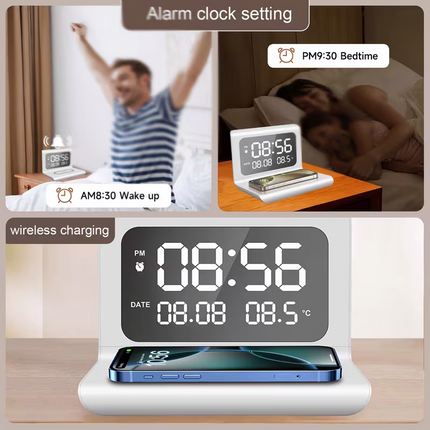 3-in-1 wireless charger, time and temperature display, bedroom desk alarm clock, iPhone 16 15 14 13 12 11 Pro Max/Mini/Plus/XR/X/8 AirPods 2/3/4/Pro/Pro 2 charging dock AirPods 4/3 /Pro/2, compatible with Samsung S25/S23/S22/S21/S20/ Galaxy Buds.
