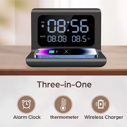 3-in-1 wireless charger, time and temperature display, bedroom desk alarm clock, iPhone 16 15 14 13 12 11 Pro Max/Mini/Plus/XR/X/8 AirPods 2/3/4/Pro/Pro 2 charging dock AirPods 4/3 /Pro/2, compatible with Samsung S25/S23/S22/S21/S20/ Galaxy Buds.