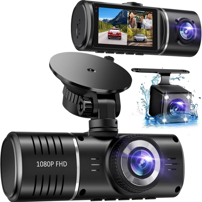 Three-camera dash cam C309, equipped with dual front cameras, an interior camera and a reversing camera - a dash cam for cars. Supports WIFI, loop recording, night vision, motion detection, parking monitoring - suitable for taxis, trucks, SUVs, sedans - c.