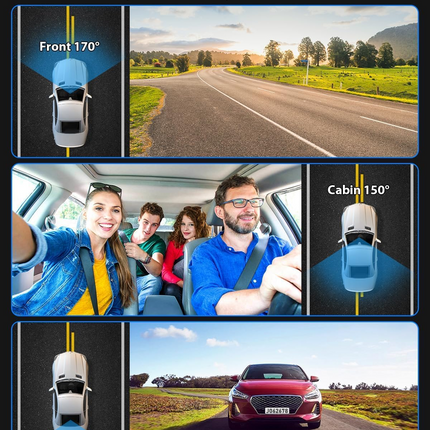 Three-camera dash cam C309, equipped with dual front cameras, an interior camera and a reversing camera - a dash cam for cars. Supports WIFI, loop recording, night vision, motion detection, parking monitoring - suitable for taxis, trucks, SUVs, sedans - c.
