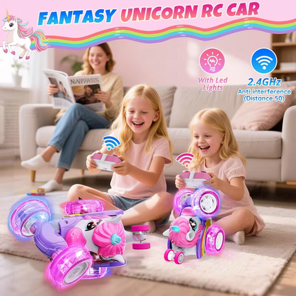 Unicorn remote control car for girls, 360° rotating four-wheel drive stunt remote control car with cute lights, rechargeable toy - children's birthday gift.