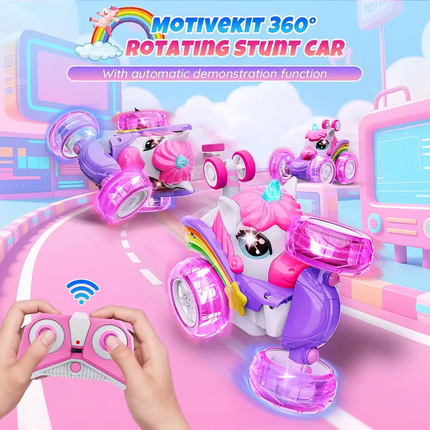 Unicorn remote control car for girls, 360° rotating four-wheel drive stunt remote control car with cute lights, rechargeable toy - children's birthday gift.