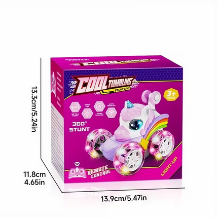 Unicorn remote control car for girls, 360° rotating four-wheel drive stunt remote control car with cute lights, rechargeable toy - children's birthday gift.