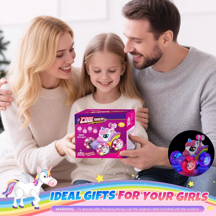 Unicorn remote control car for girls, 360° rotating four-wheel drive stunt remote control car with cute lights, rechargeable toy - children's birthday gift.