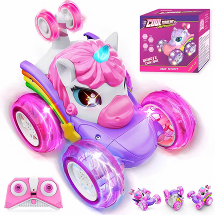 Unicorn remote control car for girls, 360° rotating four-wheel drive stunt remote control car with cute lights, rechargeable toy - children's birthday gift.