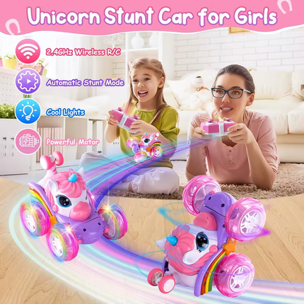 Unicorn remote control car for girls, 360° rotating four-wheel drive stunt remote control car with cute lights, rechargeable toy - children's birthday gift.
