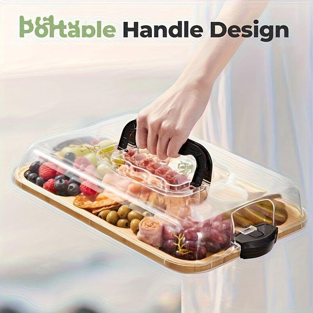 1pc Cheese Tray with Transparent Acrylic Lid - Portable Deli Platter for Camping, Parties, Restaurants | Holiday Appetizer, Deli and Snack Serving Tray, Back Can Be Used for Cutting Board, Party Snack Organizer, Safe Snapon Lid.