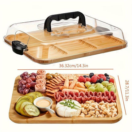 1pc Cheese Tray with Transparent Acrylic Lid - Portable Deli Platter for Camping, Parties, Restaurants | Holiday Appetizer, Deli and Snack Serving Tray, Back Can Be Used for Cutting Board, Party Snack Organizer, Safe Snapon Lid.