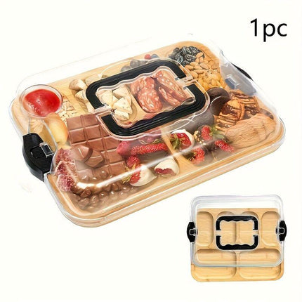 1pc Cheese Tray with Transparent Acrylic Lid - Portable Deli Platter for Camping, Parties, Restaurants | Holiday Appetizer, Deli and Snack Serving Tray, Back Can Be Used for Cutting Board, Party Snack Organizer, Safe Snapon Lid.