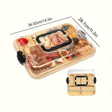 1pc Cheese Tray with Transparent Acrylic Lid - Portable Deli Platter for Camping, Parties, Restaurants | Holiday Appetizer, Deli and Snack Serving Tray, Back Can Be Used for Cutting Board, Party Snack Organizer, Safe Snapon Lid.