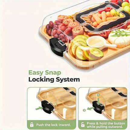 1pc Cheese Tray with Transparent Acrylic Lid - Portable Deli Platter for Camping, Parties, Restaurants | Holiday Appetizer, Deli and Snack Serving Tray, Back Can Be Used for Cutting Board, Party Snack Organizer, Safe Snapon Lid.