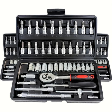 Basic automotive repair manual tool set, including a set of mechanical tools, including ratchet handle, extension pole, universal joint, slider, SAE and metric sockets, hex wrench, and plastic toolbox, excluding batteries. Uncharged manual tool set.