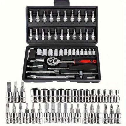 Basic automotive repair manual tool set, including a set of mechanical tools, including ratchet handle, extension pole, universal joint, slider, SAE and metric sockets, hex wrench, and plastic toolbox, excluding batteries. Uncharged manual tool set.