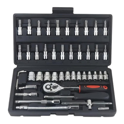 Basic automotive repair manual tool set, including a set of mechanical tools, including ratchet handle, extension pole, universal joint, slider, SAE and metric sockets, hex wrench, and plastic toolbox, excluding batteries. Uncharged manual tool set.