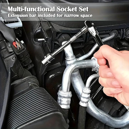 Basic automotive repair manual tool set, including a set of mechanical tools, including ratchet handle, extension pole, universal joint, slider, SAE and metric sockets, hex wrench, and plastic toolbox, excluding batteries. Uncharged manual tool set.