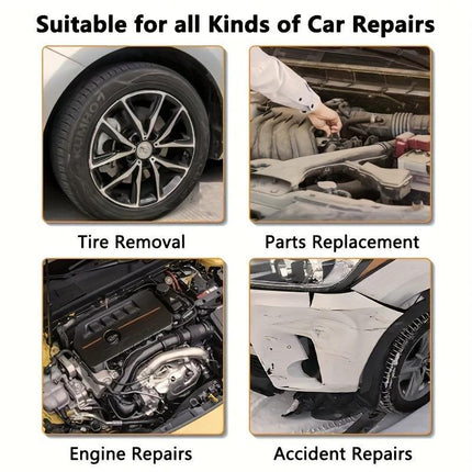 Basic automotive repair manual tool set, including a set of mechanical tools, including ratchet handle, extension pole, universal joint, slider, SAE and metric sockets, hex wrench, and plastic toolbox, excluding batteries. Uncharged manual tool set.
