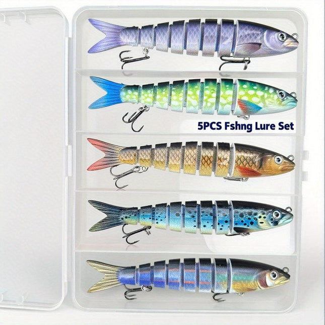 QQNAL5PCS Lure Beginner Set - 7-section sink bait suitable for both fresh and saltwater, stylish swimming style, long-distance casting without breaking the line, comes with a waterproof box, catch all species of bass, trout, and pike in one net..