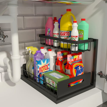 Kitchen sink storage box, pull-out cabinet storage box 2-layer sliding sink rack cabinet storage rack, kitchen bathroom cabinet sink drain storage pull-out frame.
