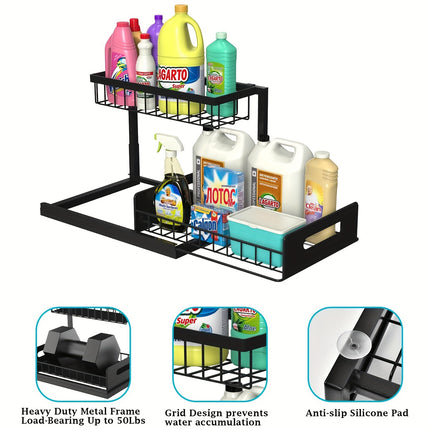 Kitchen sink storage box, pull-out cabinet storage box 2-layer sliding sink rack cabinet storage rack, kitchen bathroom cabinet sink drain storage pull-out frame.