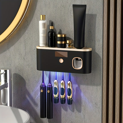 1 Black Gold Smart Toothbrush Organizer, Bathroom Toothbrush Placement and Organization, Automatic Toothpaste Dispenser - Wall Mount, 5-Slot Storage, Durable Plastic, USB Rechargeable Lithium Battery, Modern Bathroom Organization and Home Decor.