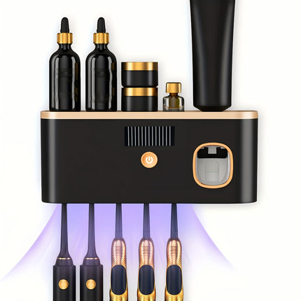 1 Black Gold Smart Toothbrush Organizer, Bathroom Toothbrush Placement and Organization, Automatic Toothpaste Dispenser - Wall Mount, 5-Slot Storage, Durable Plastic, USB Rechargeable Lithium Battery, Modern Bathroom Organization and Home Decor.