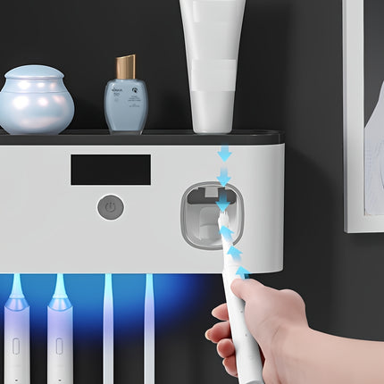1 Black Gold Smart Toothbrush Organizer, Bathroom Toothbrush Placement and Organization, Automatic Toothpaste Dispenser - Wall Mount, 5-Slot Storage, Durable Plastic, USB Rechargeable Lithium Battery, Modern Bathroom Organization and Home Decor.
