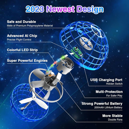 Flying Ball Toy – Hand-controlled Reaction Dart Rotating Drone with LED Lights, Floating Ball Finger Toy, Suitable for Children and Teenagers, Rechargeable Magic Ball, Indoor and Outdoor Play, Christmas and Birthday Gifts (Blue).