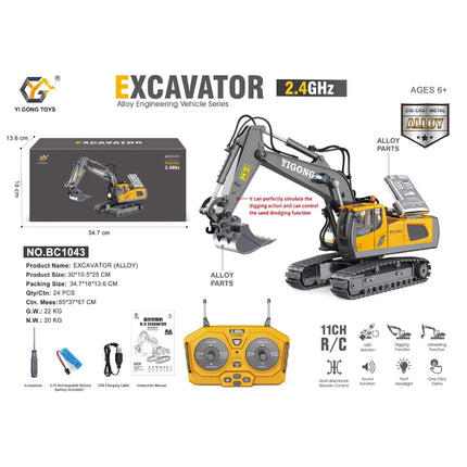 2.4G Remote Control Excavator Alloy Excavator Model Engineering Car Remote Control Car Boy Girl Unlimited Rotation - Larger 1/18 Scale Remote Control Excavator.
