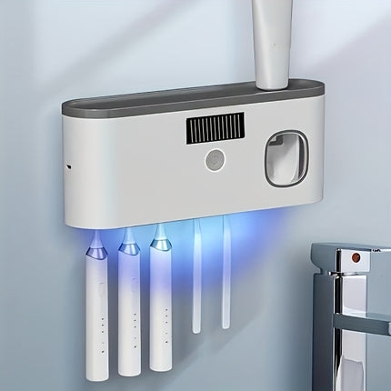 1 white smart toothbrush organizer, bathroom toothbrush arrangement and storage, with automatic toothpaste dispenser - wall-mounted, 5-slot storage, durable plastic, USB rechargeable lithium battery, modern bathroom organization and home decoration.