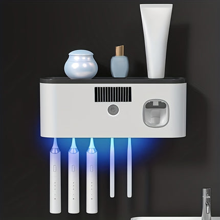1 white smart toothbrush organizer, bathroom toothbrush arrangement and storage, with automatic toothpaste dispenser - wall-mounted, 5-slot storage, durable plastic, USB rechargeable lithium battery, modern bathroom organization and home decoration.