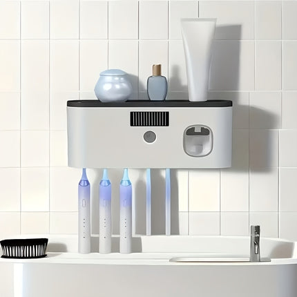 1 white smart toothbrush organizer, bathroom toothbrush arrangement and storage, with automatic toothpaste dispenser - wall-mounted, 5-slot storage, durable plastic, USB rechargeable lithium battery, modern bathroom organization and home decoration.