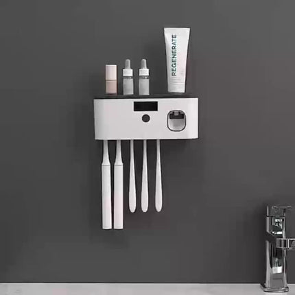 1 white smart toothbrush organizer, bathroom toothbrush arrangement and storage, with automatic toothpaste dispenser - wall-mounted, 5-slot storage, durable plastic, USB rechargeable lithium battery, modern bathroom organization and home decoration.
