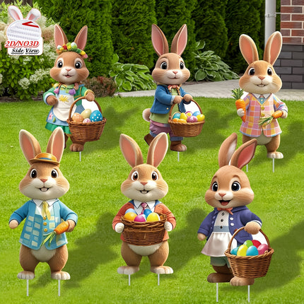 2DFlat, 8pcs Easter Gentleman Rabbit Group Decoration, exquisite shape holding egg basket / carrot rabbit, fashionable dress design outdoor waterproof easy to install props, spring courtyard atmosphere Gentleman Rabbit Group Plaque Decoration.