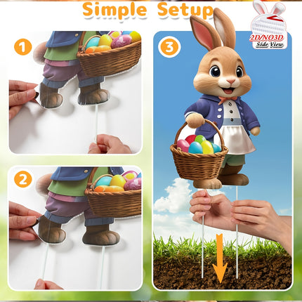 2DFlat, 8pcs Easter Gentleman Rabbit Group Decoration, exquisite shape holding egg basket / carrot rabbit, fashionable dress design outdoor waterproof easy to install props, spring courtyard atmosphere Gentleman Rabbit Group Plaque Decoration.