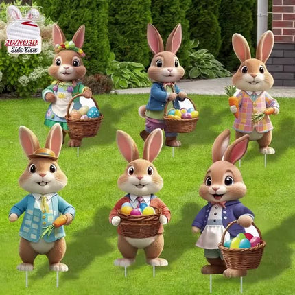 2DFlat, 8pcs Easter Gentleman Rabbit Group Decoration, exquisite shape holding egg basket / carrot rabbit, fashionable dress design outdoor waterproof easy to install props, spring courtyard atmosphere Gentleman Rabbit Group Plaque Decoration.