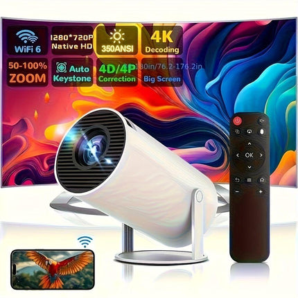 HY300 Pro mini portable projector, native 1280 * 720P support 4K / 350ANSI smart projector, with WiFi 6 BT 6.0, Screen adjustment, 180-degree rotation, home video projector with Android 11. 0 operating system built-in.