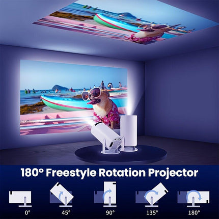 HY300 Pro mini portable projector, native 1280 * 720P support 4K / 350ANSI smart projector, with WiFi 6 BT 6.0, Screen adjustment, 180-degree rotation, home video projector with Android 11. 0 operating system built-in.