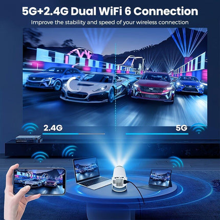 HY300 Pro mini portable projector, native 1280 * 720P support 4K / 350ANSI smart projector, with WiFi 6 BT 6.0, Screen adjustment, 180-degree rotation, home video projector with Android 11. 0 operating system built-in.