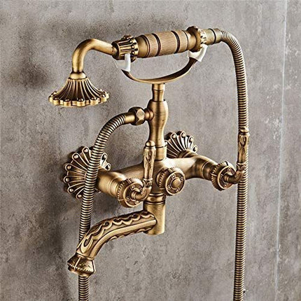 Bathtub Faucet with Handheld Shower – Antique Brass Wall-Mounted Multifunctional Mixer Tap, Hot & Cold Water, Vintage Bathroom Tub Faucet - Bronze - Size A