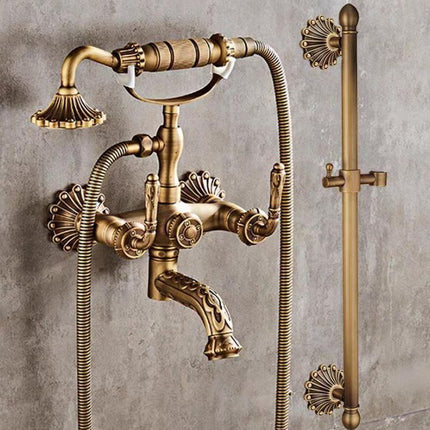 Bathtub Faucet with Handheld Shower – Antique Brass Wall-Mounted Multifunctional Mixer Tap, Hot & Cold Water, Vintage Bathroom Tub Faucet - Bronze - Size B