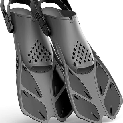 Gray Adjustable Open Heel Snorkel Fins, Travel-Size Short Swim Flippers for Snorkeling, Diving & Swimming, Adult Men & Women（L/XL）.