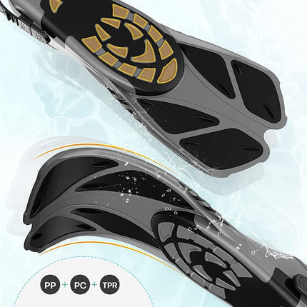 Gray Adjustable Open Heel Snorkel Fins, Travel-Size Short Swim Flippers for Snorkeling, Diving & Swimming, Adult Men & Women（L/XL）.