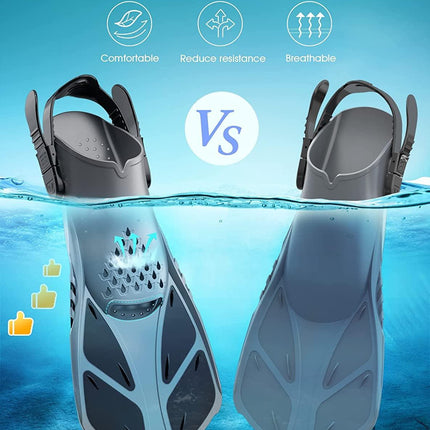 Gray Adjustable Open Heel Snorkel Fins, Travel-Size Short Swim Flippers for Snorkeling, Diving & Swimming, Adult Men & Women（L/XL）.