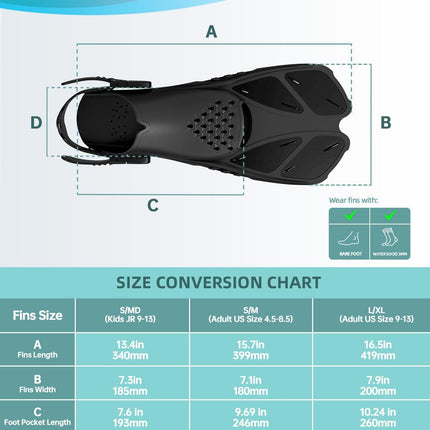 Gray Adjustable Open Heel Snorkel Fins, Travel-Size Short Swim Flippers for Snorkeling, Diving & Swimming, Adult Men & Women（L/XL）.