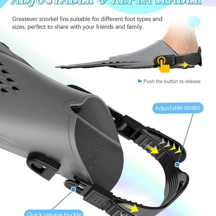 Gray Adjustable Open Heel Snorkel Fins, Travel-Size Short Swim Flippers for Snorkeling, Diving & Swimming, Adult Men & Women（S/M）.