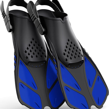 Blue Adjustable Open Heel Snorkel Fins, Travel-Size Short Swim Flippers for Snorkeling, Diving & Swimming, Adult Men & Women（L/XL）.