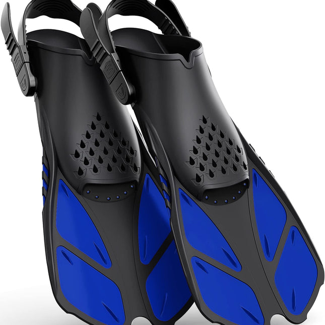 Blue Adjustable Open Heel Snorkel Fins, Travel-Size Short Swim Flippers for Snorkeling, Diving & Swimming, Adult Men & Women（L/XL）.