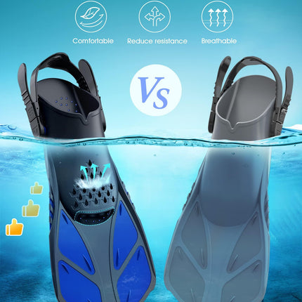 Blue Adjustable Open Heel Snorkel Fins, Travel-Size Short Swim Flippers for Snorkeling, Diving & Swimming, Adult Men & Women（L/XL）.