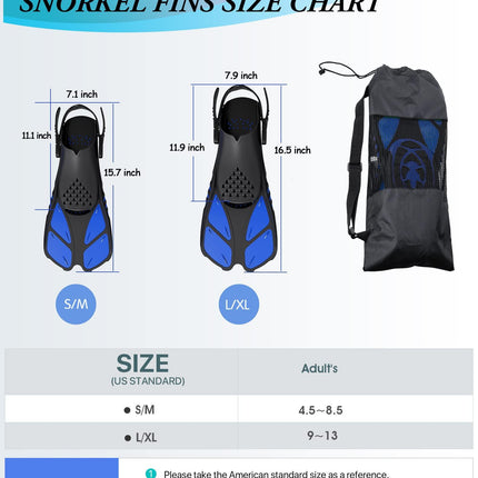 Blue Adjustable Open Heel Snorkel Fins, Travel-Size Short Swim Flippers for Snorkeling, Diving & Swimming, Adult Men & Women（L/XL）.